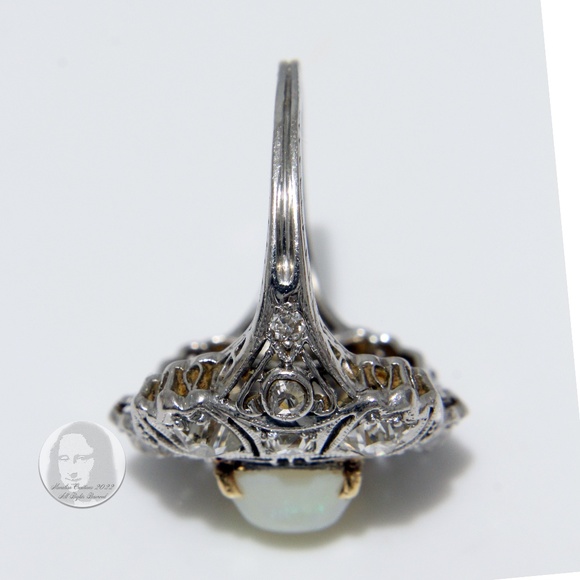 Art Deco Cocktail Ring Opal and Diamond Vintage Platinum Rare Early 20th C - Picture 10 of 16